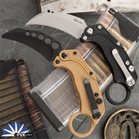 Reate EXO-K Gravity Karambit, Stonewashed N690, Black Oxide Aluminum, Tan Trainer