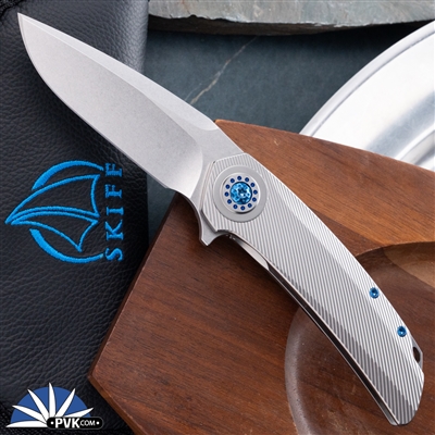 Skiff Made Blades Fugitive, Stonewash Elmax Blade, Milled Titanium Scales, Limited Royal Blue Anodized Accents #097