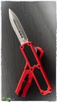 Titan D/A OTF Auto Red Handle Carbon Fiber Inlay Silver Double Edge Partial Serrated Blade