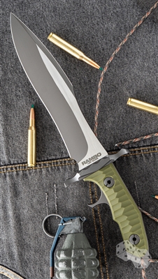 Rambo Last Blood Heartstopper, 9" Two-Tone Blade, OD Green G10 Handle, Leather Sheath