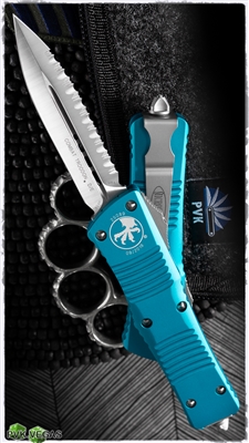 Microtech Combat Troodon 142-6TQ Satin Finish Full Serrated Double Edge Turquoise Handle