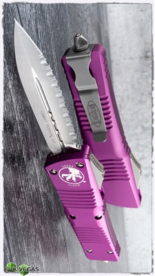 Microtech Combat Troodon 142-6VI Satin Finish Full Serrated Double Edge Violet Handle