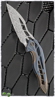 Elijah Isham Arrakis Folding Knife Heimskringla Damasteel Blade, Blue and Brown Titanium Handles, Timascus Pivot Collar