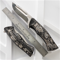 Michael Zieba/Jason Knight S5 DC Villains Flipper 3.5" Damasteel Drop Point Blade, Black Laser Etched Titanium Handles