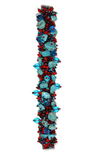 Fuzzy Bracelet with Stones - #138 Turquoise and Red, Double Magnetic Clasp!