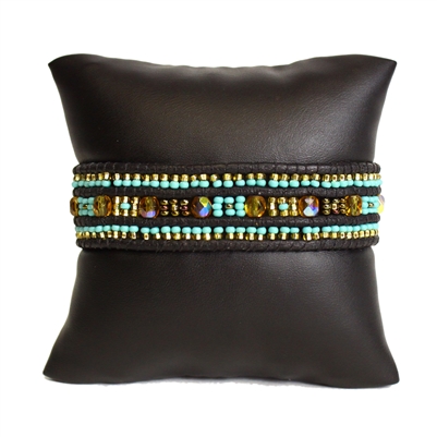 Leather Crystal Bracelet - #132 Turquoise and Gold, Magnetic Clasp!