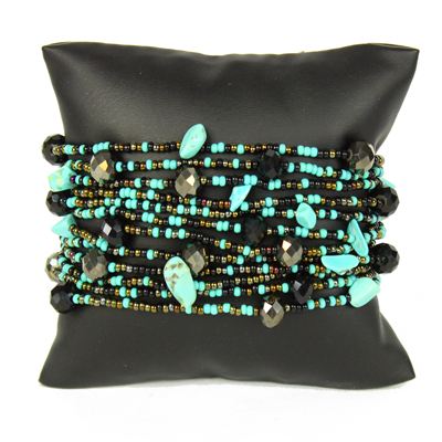 12 Strand with Crystals Bracelet - #139 Turquoise, Black, Bronze, Magnetic Clasp!