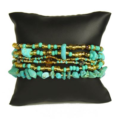 Funky 6 Strand Bracelet - #132 Turquoise and Gold, Double Magnetic Clasp!