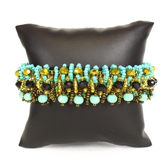Crystal Rows Bracelet - #132 Turquoise and Gold, Double Magnetic Clasp!