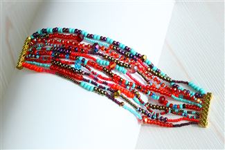 10 Strand Color Block Bracelet - #138 Turquoise and Red