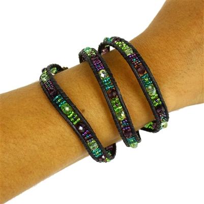 3 Wrap Leather Crystal Bracelet - #105 Purple and Green, Magnetic Clasp!