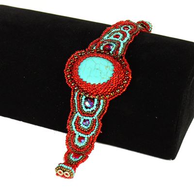 Cabochon Rosette Bracelet - #138 Turquoise and Red, Double Magnetic Clasp!