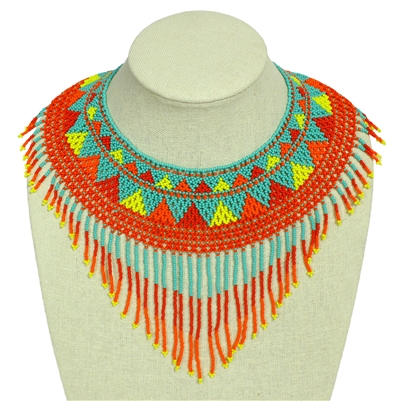 Egyptian Collar with Decadent Fringe - #098 Turquoise Fire
