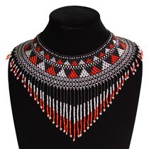 Egyptian Collar with Decadent Fringe - #121 Red, Black, Crystal