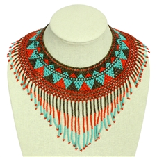 Egyptian Collar with Decadent Fringe - #138 Turquoise and Red