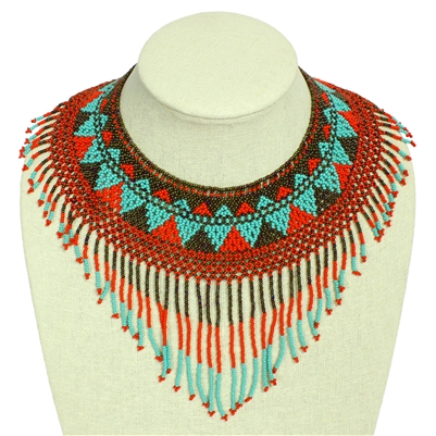 Egyptian Collar with Decadent Fringe - #138 Turquoise and Red