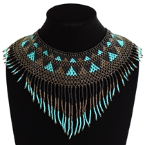 Egyptian Collar with Decadent Fringe - #139 Turquoise, Bronze, Black