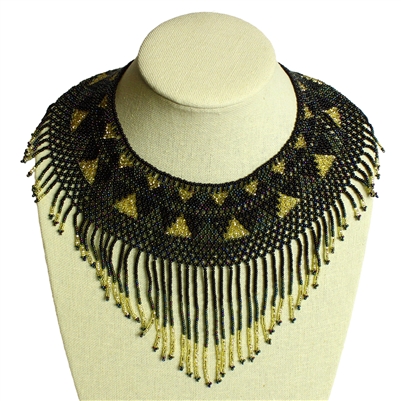 Egyptian Collar with Decadent Fringe - #373 Green Iris, Black, Gold