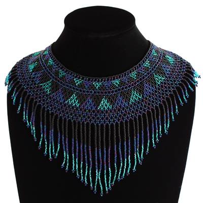 Egyptian Collar with Decadent Fringe - #452 Emerald, Blue, Black
