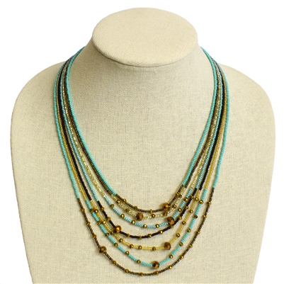 7 Strand with Crystals Necklace - #132-3 Turquoise and Gold Color Block, Magnetic Clasp!