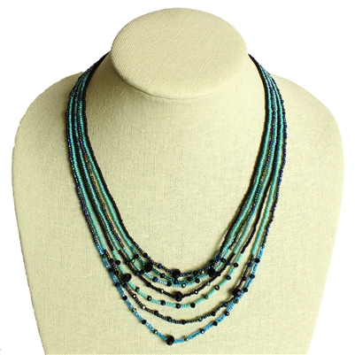 7 Strand with Crystals Necklace - #133 Turquoise and Black CB, Magnetic Clasp!