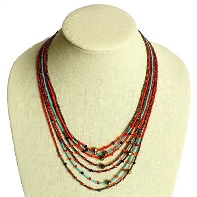 7 Strand with Crystals Necklace - #138 Turquoise and Red CB, Magnetic Clasp!