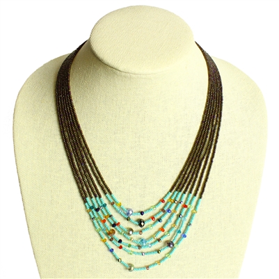 7 Strand with Crystals Necklace - #153-2 Turquoise, Bronze, Multi, Magnetic Clasp!