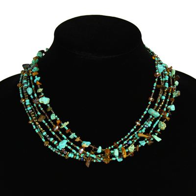 Funky 6 Strand Necklace - #131 Turquoise and Bronze, Double Magnetic Clasp!