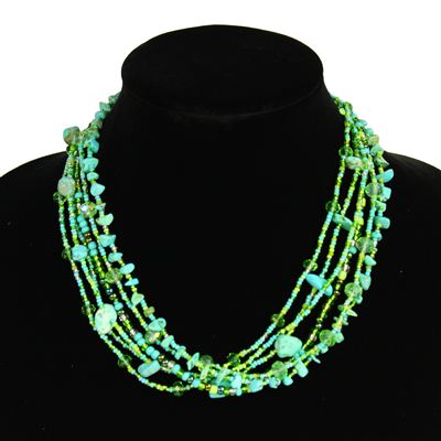 Funky 6 Strand Necklace - #134 Turquoise and Lime, Double Magnetic Clasp!