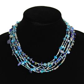 Funky 6 Strand Necklace - #170 Blue and Crystal, Double Magnetic Clasp!