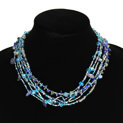 Funky 6 Strand Necklace - #170 Blue and Crystal, Double Magnetic Clasp!