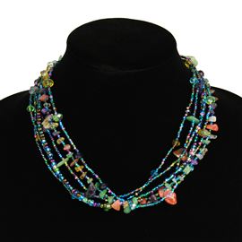 Funky 6 Strand Necklace - #176 Blue Multi, Double Magnetic Clasp!