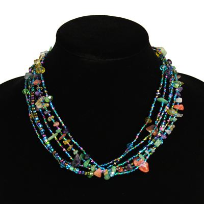 Funky 6 Strand Necklace - #176 Blue Multi, Double Magnetic Clasp!