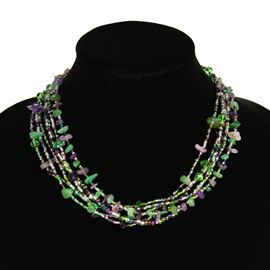 Funky 6 Strand Necklace - #288 Purple, Green, Crystal, Double Magnetic Clasp!