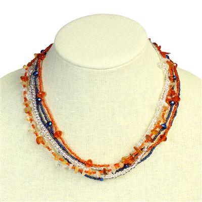 Funky 6 Strand Necklace - #520 Orange, Blue, Crystal, Double Magnetic Clasp!
