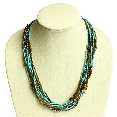 12 Strand Color Block Necklace - #131 Turquoise and Bronze, Magnetic Clasp!
