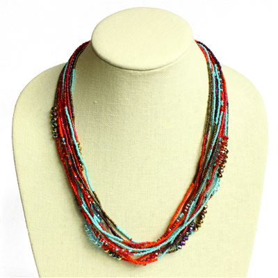 12 Strand Color Block Necklace - #138 Turquoise and Red, Magnetic Clasp!