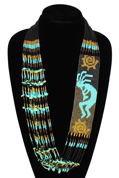 Kokopelli Story Necklace - #133 Turquoise and Black, Magnetic Clasp!