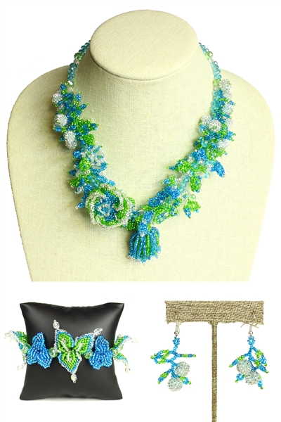 Tropicana Necklace, Bracelet, Earrings Set - #544 Light Blue and Lime, Magnetic Clasp!