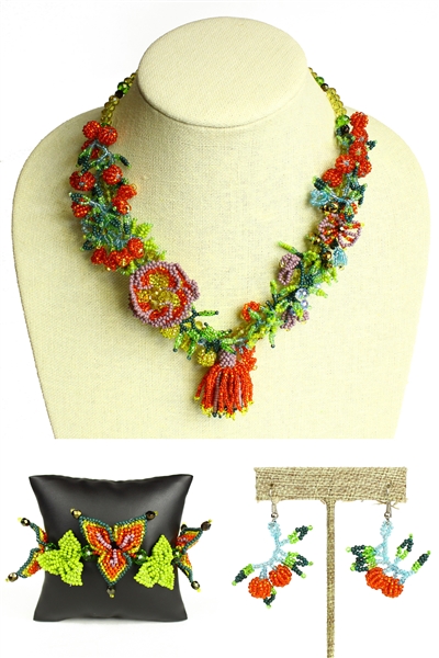 Tropicana Necklace, Bracelet, Earrings Set - #545 Tangerine and Lime, Magnetic Clasp!