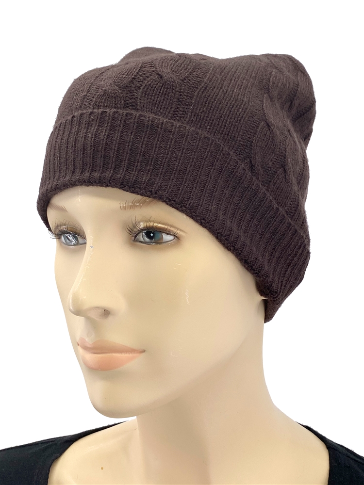 Pure Cashmere Cable Knit Hat Dark Chocolate