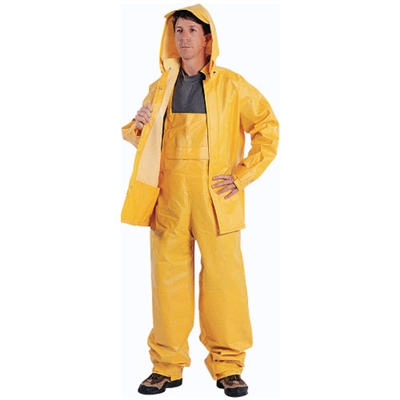 This yellow 3 piece rain suite is made with waterproof material to help keep you dry when working or being outside. a