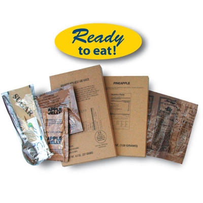 Single MRE Meal - Individual includes entrÃ©e, side dish, dessert, spread, coffee, and beverage powder plus utensils.