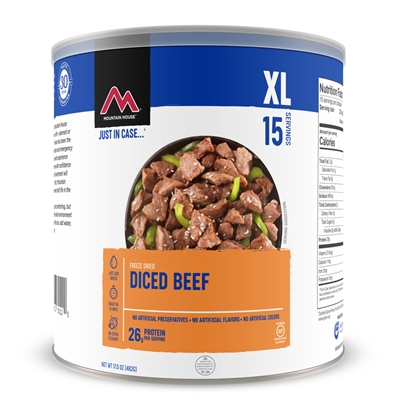 Mountain House #10 Diced Beef 15 servings with a 30 year shelf life.