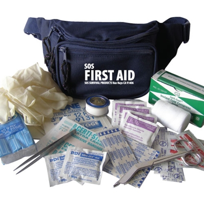 This fannypack is great for when you're on the go or when going camping. This kit contains the necessary items for a first aid kit.
