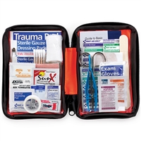 Inside of a 107 piece all purpose first aid kit with a zipper case