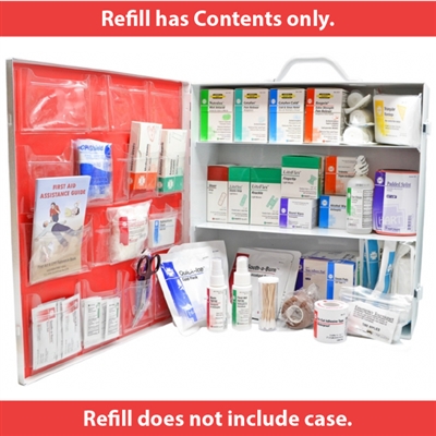 Refill kit for First Aid Kits, showing all the bandages and salves and other components