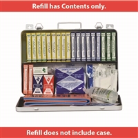 This first aid kit has everything you need. 4 certi strips, 1 first aid guide book, scissors, trauma pad and much more