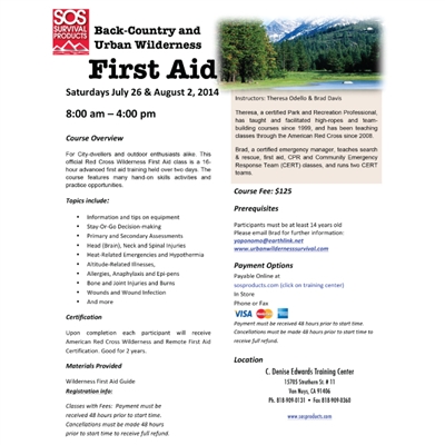 Back Country and Urban Wilderness First Aid - 07/26 & 08/02