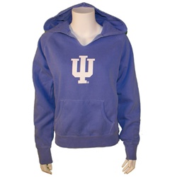 Light Blue Ladies V-Notch Garment Washed Hooded INDIANA "IU Sweatshirt